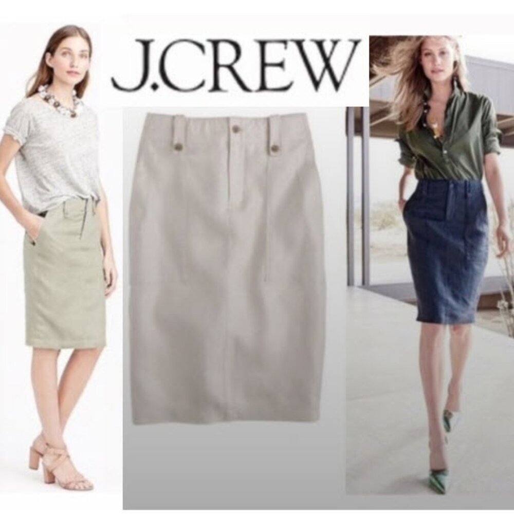 J.Crew Linen Pencil Skirt Size 4 Cream Tan Utility Pockets Knee Length Size 4
